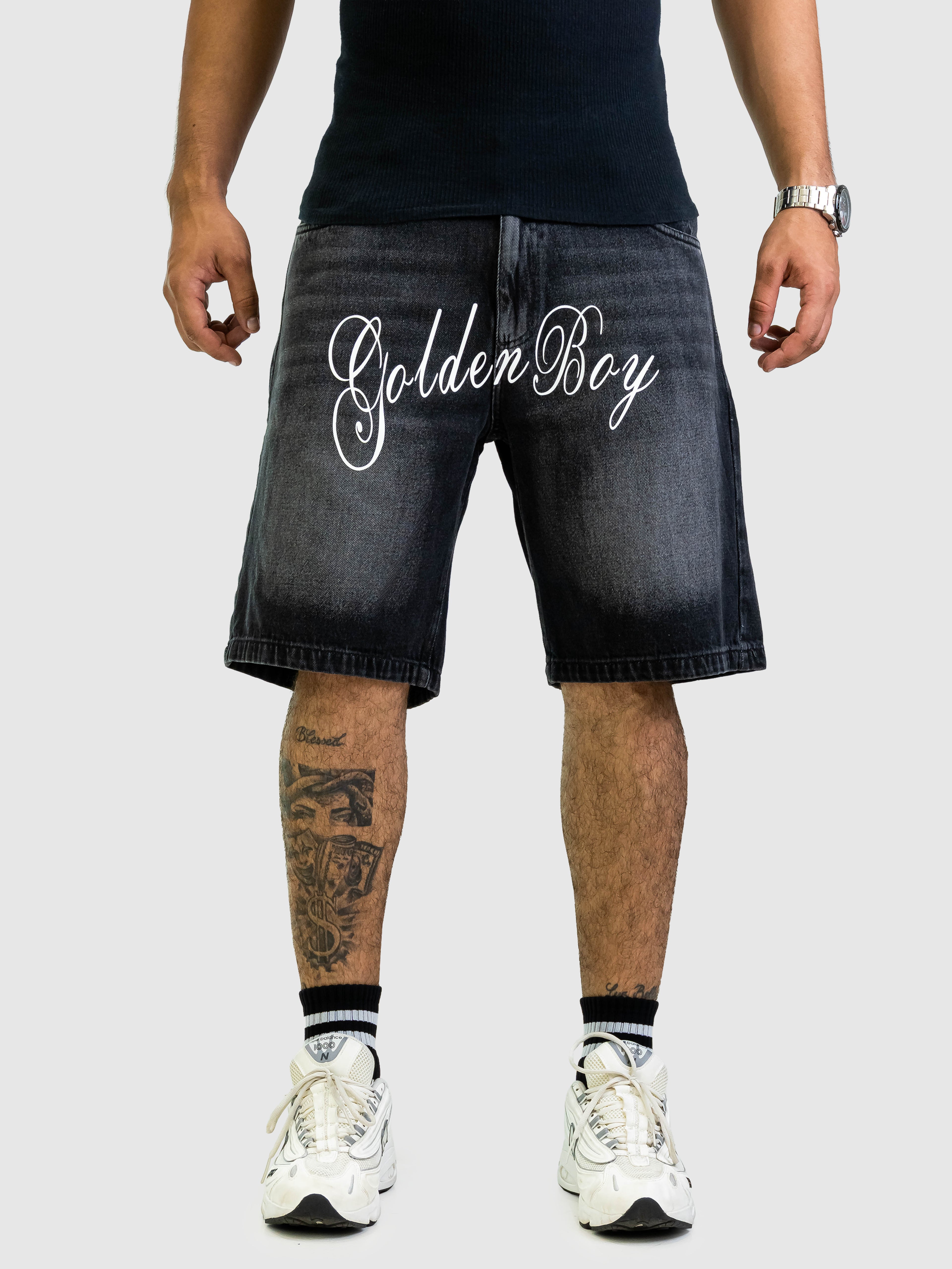 Bermuda de Jean Hombre – Negra con Aplique Golden Boy