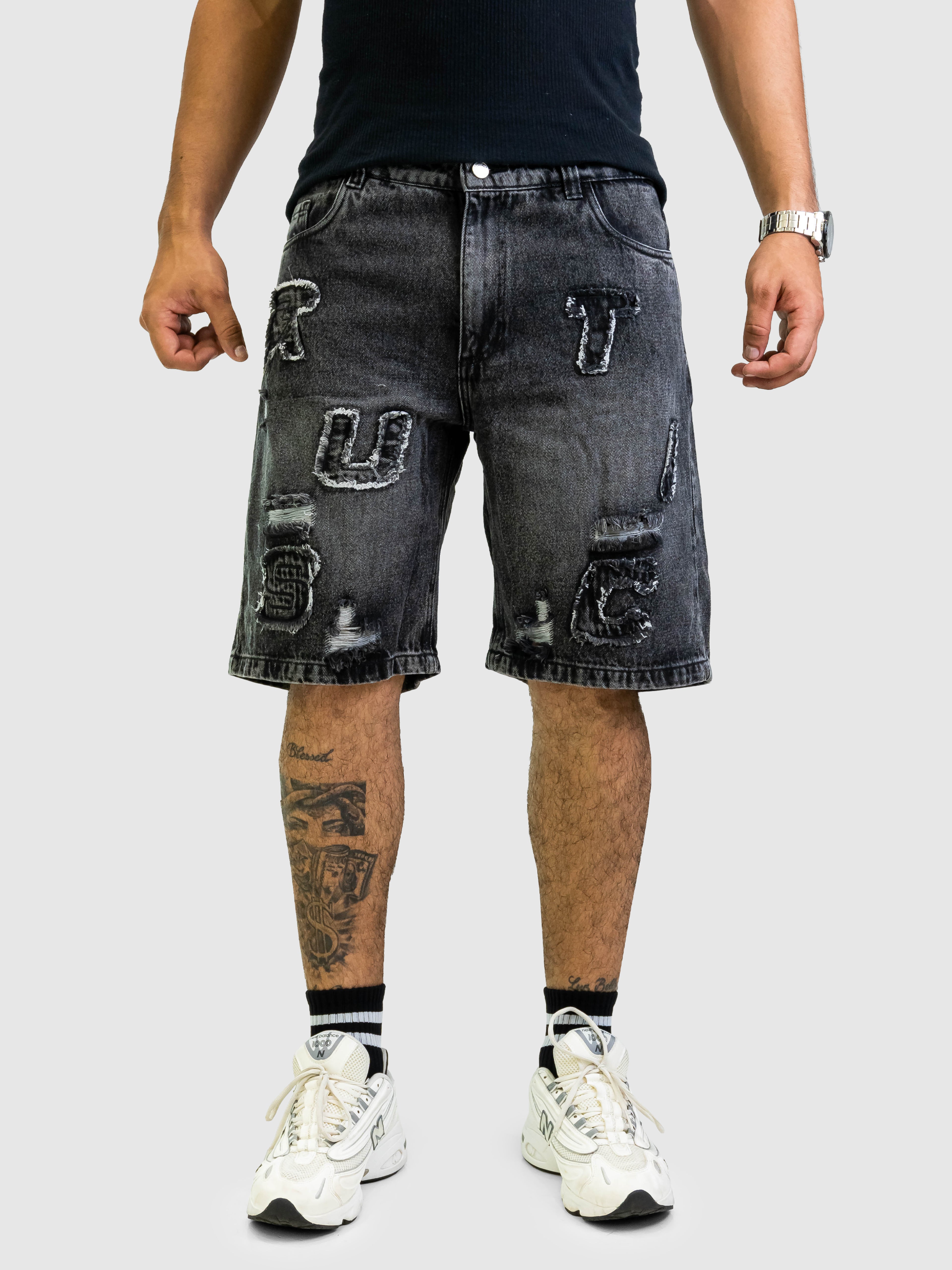 Bermuda de Jean Hombre – Gris con Apliques RUSTIC